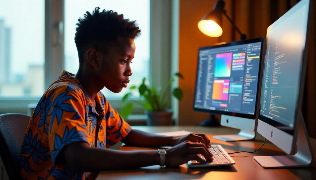 a teenage boy coding on the laptop